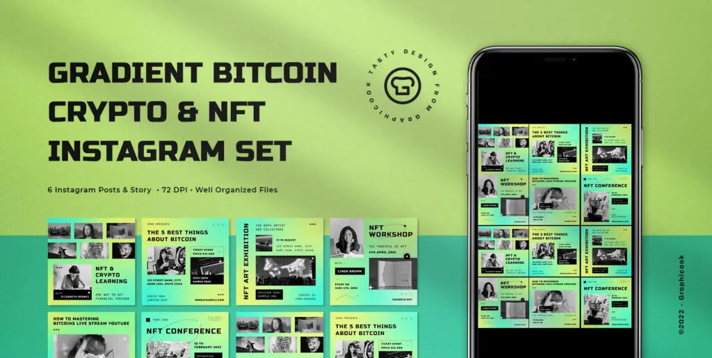 Green Gradient Bitcoin, Crypto and NFT Instagram Pack Graphics - Image 1