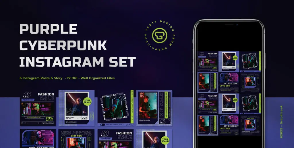 Purple Cyberpunk Fashion Sale Instagram Pack Graphics - Image 1