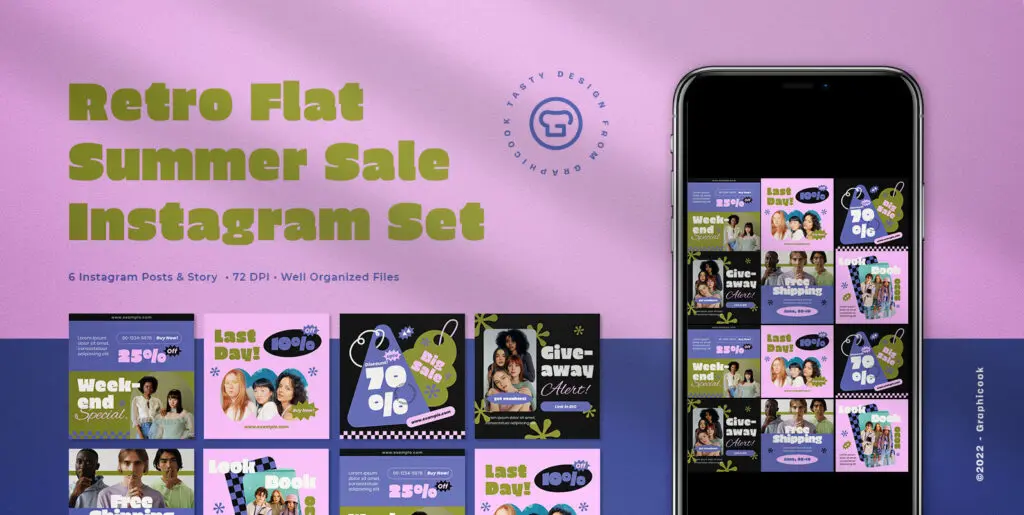 Purple Retro Flat Summer Instagram Pack Graphics - Image 1