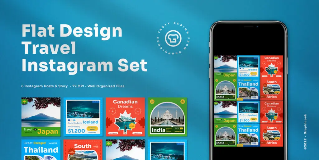 Blue Flat Design Travel Instagram Pack Graphics - Image 1