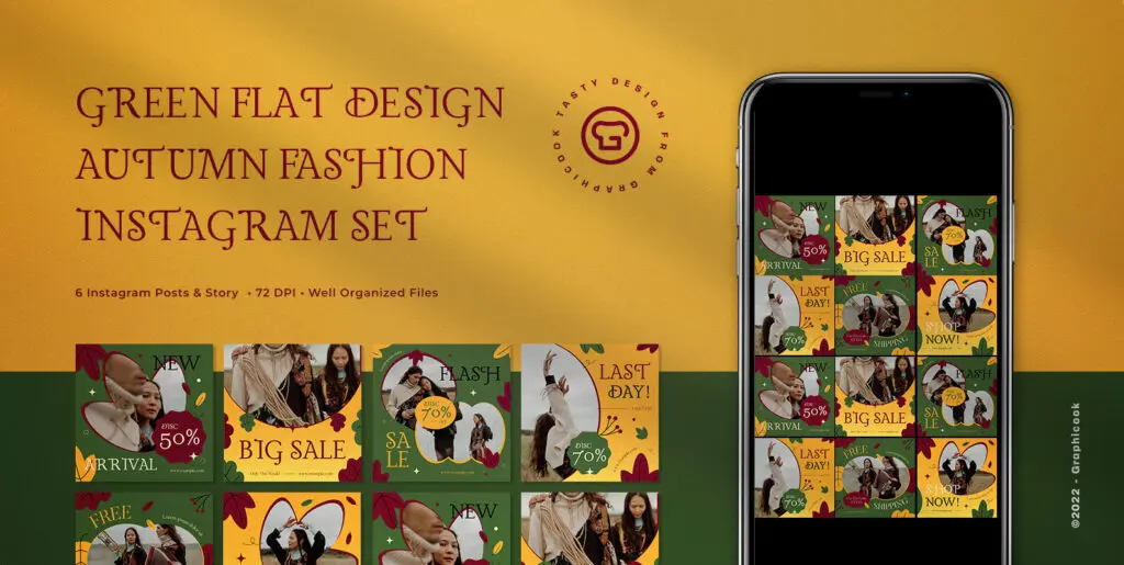 Green Flat Design Autumn Fashion Instagram Pack Graphics - Image 2