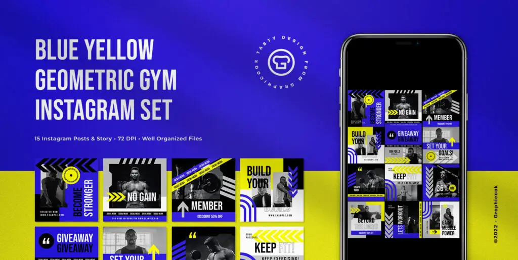Blue Yellow Geometric Gym Instagram Pack Graphics - Image 2