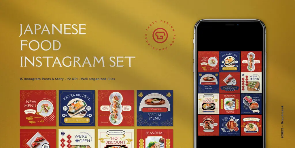 Red Flat Design Japanese Food Instagram Pack Graphics - Image 2