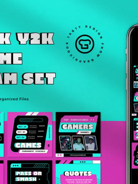 Cyan Pink Y2K Video Game Instagram Pack Graphics - Image 1