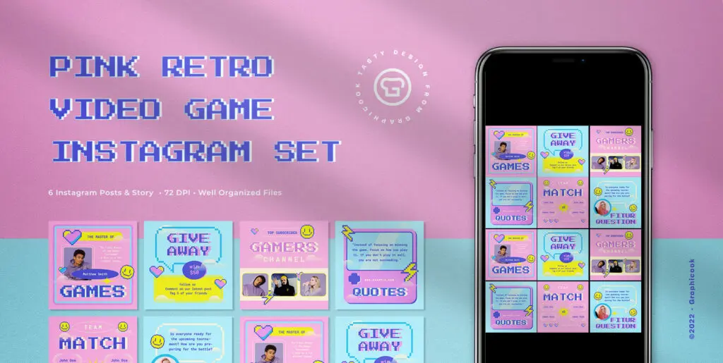 Pink Retro Video Game Instagram Pack Graphics - Image 1