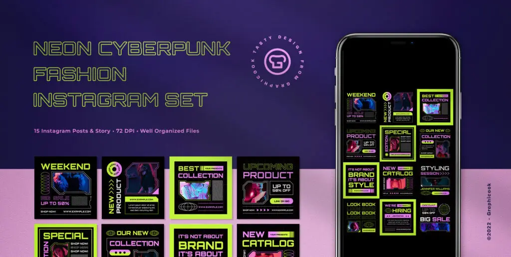 Neon Cyberpunk Fashion Instagram Pack Graphics - Image 2