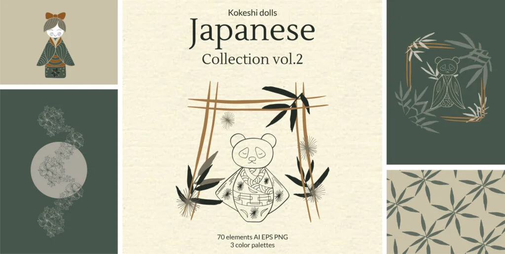 Japanese Kokeshi Doll Linear Clipart Collection Graphics - Image 2
