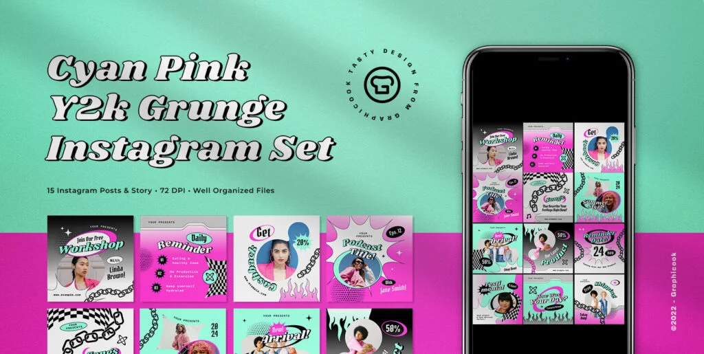 Cyan Pink Y2K Grunge Engagement Instagram Pack Graphics - Image 2