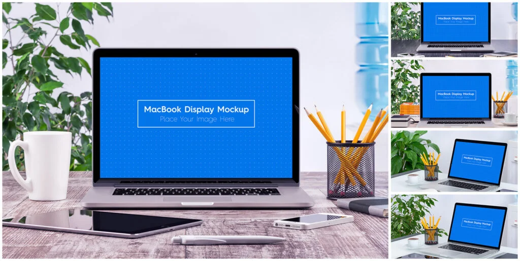 5 Workplace MacBook Display Mockups Graphics - Image 1