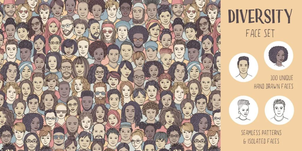 Diversity Face Set – 100 Hand Drawn Faces Graphics - Image 1