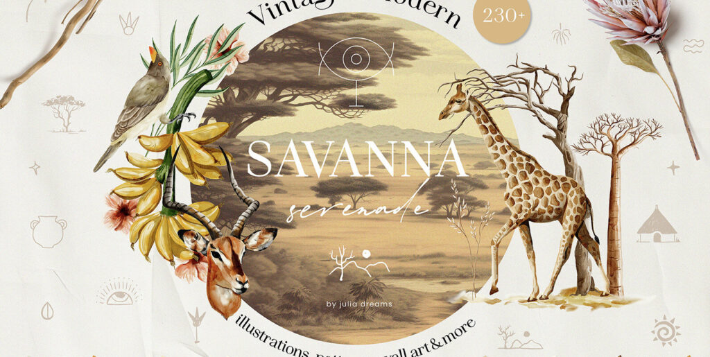 Immerse Into the Natural Artistry: Savanna Serenade Watercolor Graphics Collection - Image 2
