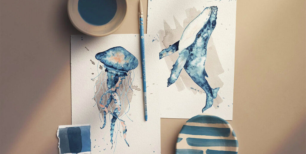 Two A5 Watercolor Paper Mockup with Brush Graphics - Image 1