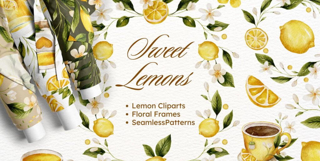 Lemon Watercolor Floral Bundle Graphics - Image 1