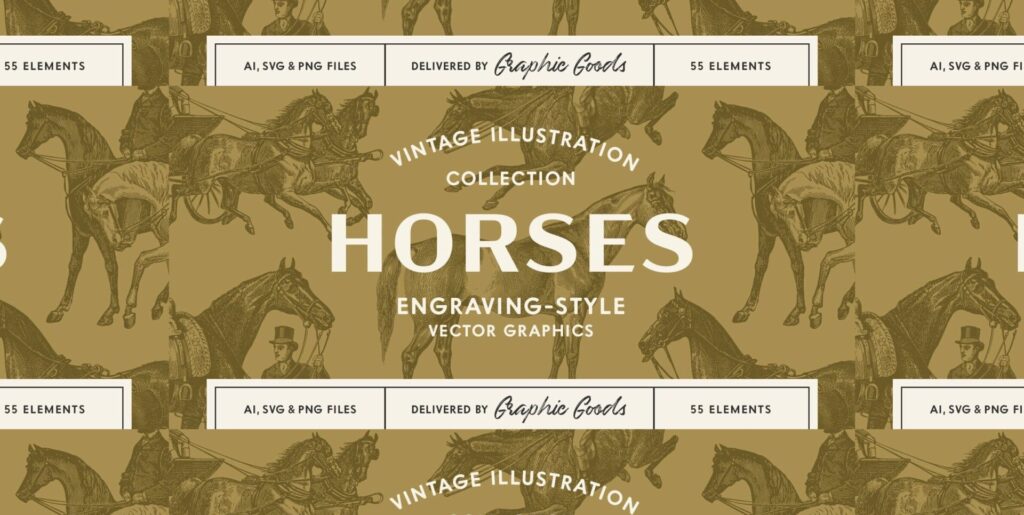 Horses Vintage Illustration Set Graphics - Image 1